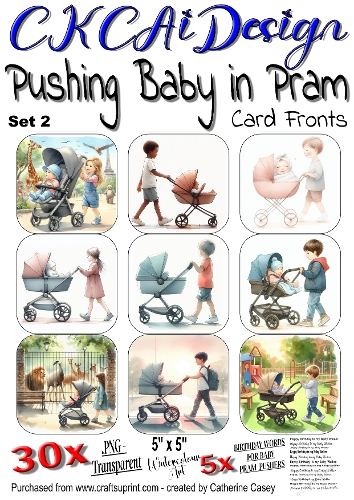 Baby being pushed in a Pram, 30x - 5x5 Card Fronts, Watercolour Set 2 of 8