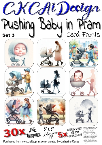Baby being pushed in a Pram, 30x - 5x5 Card Fronts, Watercolour Set 3 of 8