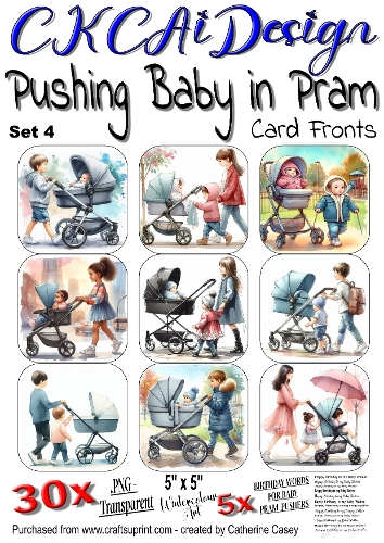 Baby being pushed in a Pram, 30x - 5x5 Card Fronts, Watercolour Set 4 of 8