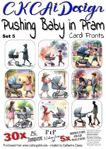 Baby being pushed in a Pram, 30x - 5x5 Card Fronts, Watercolour Set 5 of 8