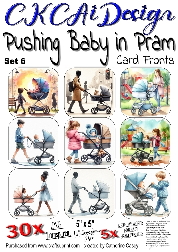 Baby being pushed in a Pram, 30x - 5x5 Card Fronts, Watercolour Set 6 of 8