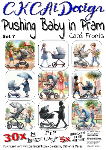 Baby being pushed in a Pram, 30x - 5x5 Card Fronts, Watercolour Set 7 of 8