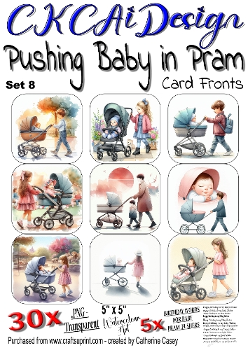 Baby being pushed in a Pram, 30x - 5x5 Card Fronts, Watercolour Set 8 of 8