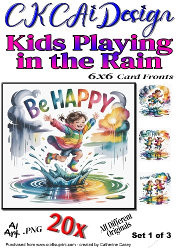 20x Kids Playing in the Rain 6x6 Card Fronts Set 1 of 3