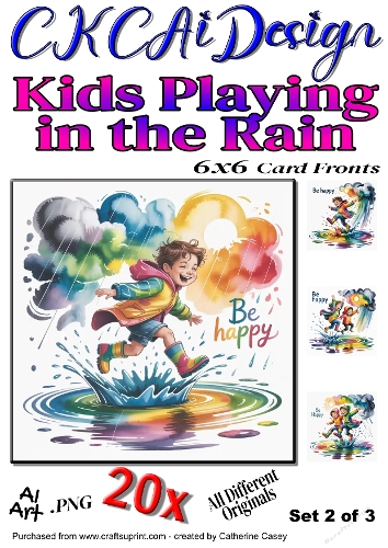 20x Kids Playing in the Rain 6x6 Card Fronts Set 2 of 3