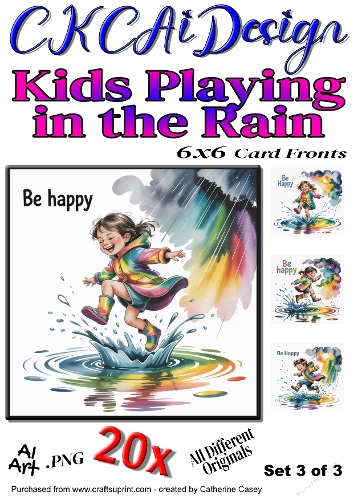 20x Kids Playing in the Rain 6x6 Card Fronts Set 3 of 3