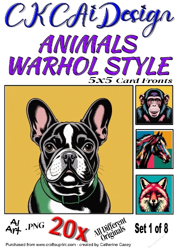 20x 5x5 Card fronts of Animals done in Warhol Style Set 1 of 8