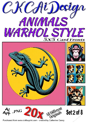 20x 5x5 Card fronts of Animals done in Warhol Style Set 2 of 8