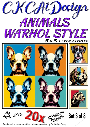 20x 5x5 Card fronts of Animals done in Warhol Style Set 3 of 8