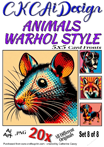 20x 5x5 Card fronts of Animals done in Warhol Style Set 8 of 8