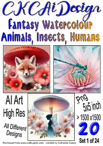 20x Fantasy Watercolour Animals Insects and Humans Card Fronts Set 1 of 24