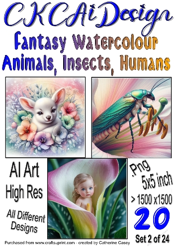 20x Fantasy Watercolour Animals Insects and Humans Card Fronts Set 2 of 24