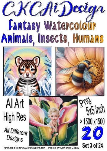20x Fantasy Watercolour Animals Insects and Humans Card Fronts Set 3 of 24