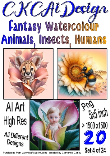 20x Fantasy Watercolour Animals Insects and Humans Card Fronts Set 4 of 24