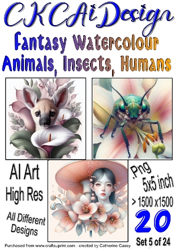 20x Fantasy Watercolour Animals Insects and Humans Card Fronts Set 5 of 24