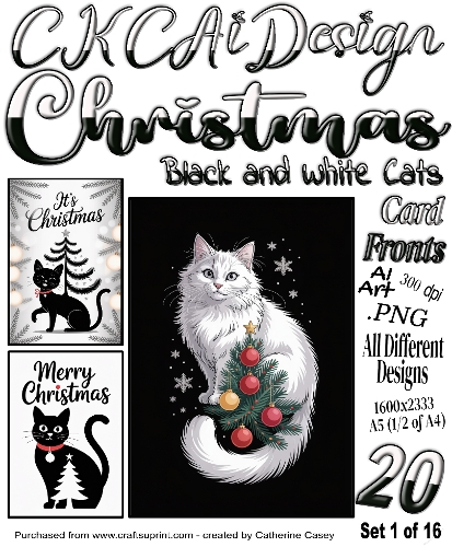 20x Christmas Black Cats and Christmas White Cats Card Fronts set 1 of 16