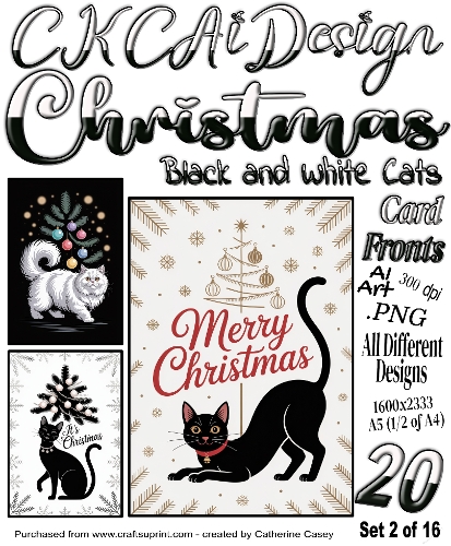 20x Christmas Black Cats and Christmas White Cats Card Fronts set 2 of 16
