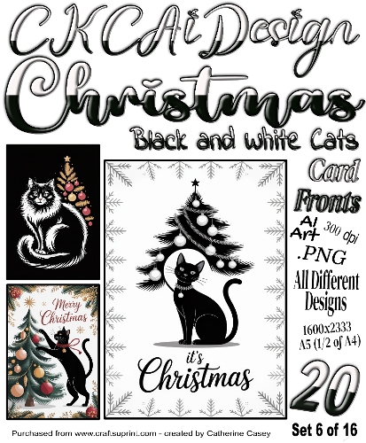 20x Christmas Black Cats and Christmas White Cats Card Fronts set 6 of 16
