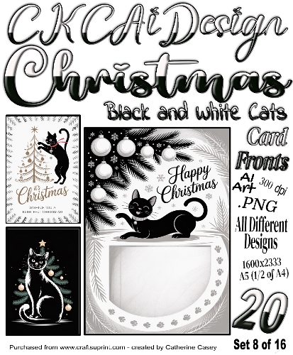 20x Christmas Black Cats and Christmas White Cats Card Fronts set 8 of 16
