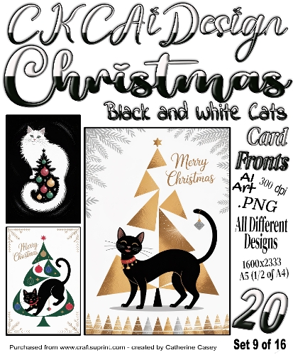 20x Christmas Black Cats and Christmas White Cats Card Fronts set 9 of 16