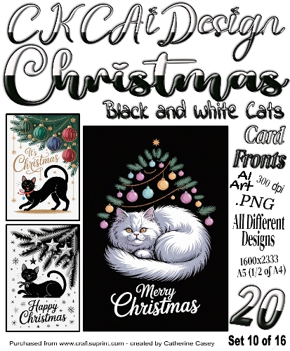 20x Christmas Black Cats and Christmas White Cats Card Fronts set 10 of 16