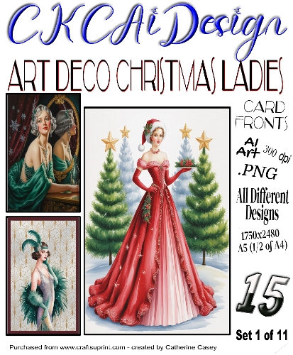 15x Art Deco Christmas Ladies A5 Card Fronts - Set 1 of 11
