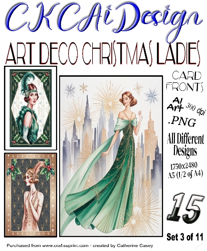 15x Art Deco Christmas Ladies A5 Card Fronts - Set 3 of 11