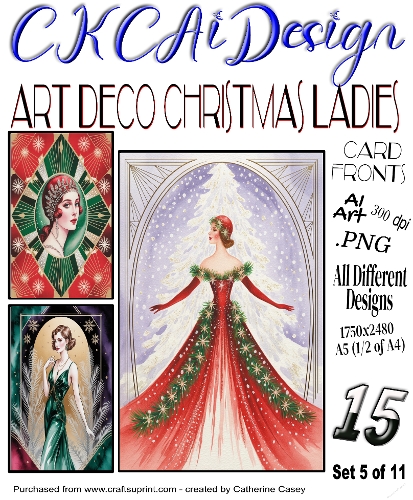 15x Art Deco Christmas Ladies A5 Card Fronts - Set 5 of 11