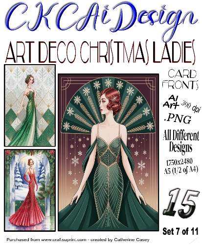 15x Art Deco Christmas Ladies A5 Card Fronts - Set 7 of 11
