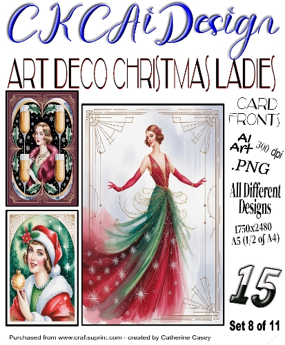 15x Art Deco Christmas Ladies A5 Card Fronts - Set 8 of 11
