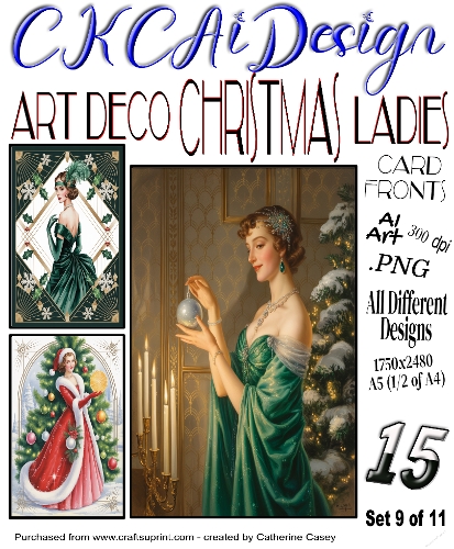 15x Art Deco Christmas Ladies A5 Card Fronts - Set 9 of 11