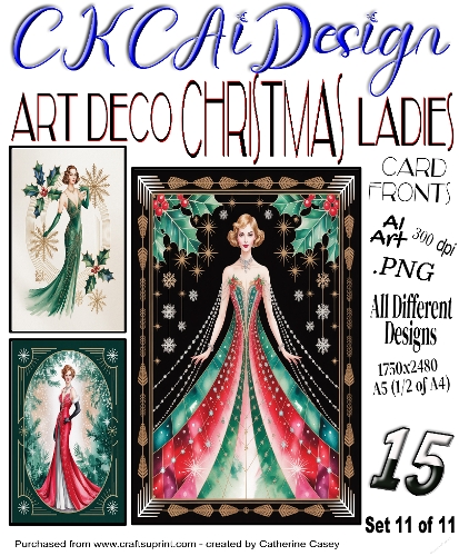 15x Art Deco Christmas Ladies A5 Card Fronts - Set 11 of 11