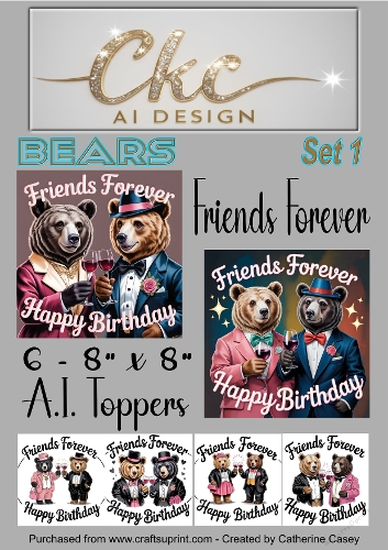 Friends Forever Birthday Toppers - 6 - 8x8  A.I. Animal Drinking Friends - Bears 1