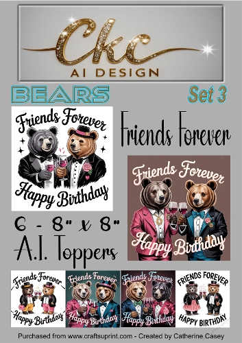 Friends Forever Birthday Toppers - 6 - 8x8  A.I. Animal Drinking Friends - Bears 3