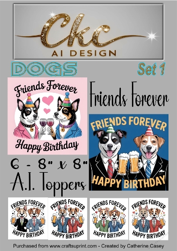 Friends Forever Birthday Toppers - 6 - 8x8  A.I. Animal Drinking Friends - Dogs Set 1