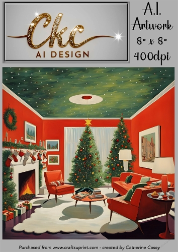 A.I. Created Artwork 8 x 8 Topper or Card Front - 1950s Christmas Living Room 1- Art 0023