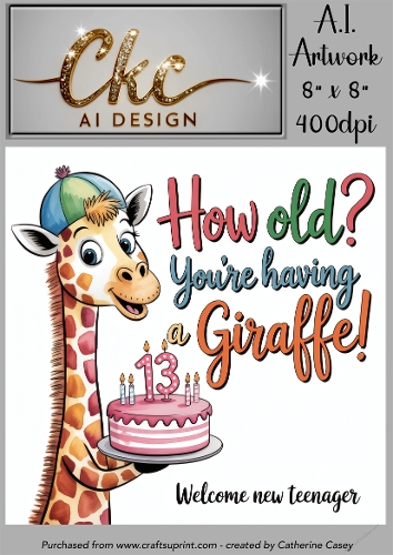 Birthday Topper 8x8 - 13 Years old - How Old! Youre Having a Giraffe - Age Card - 13-28