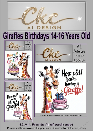Birthday Toppers 12 - 8x8 - How Old! Youre Having a Giraffe - Age Card - 14 -16