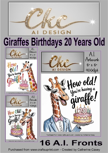 Birthday Toppers 16 - 8x8 - How Old! Youre Having a Giraffe - Age Card - 20