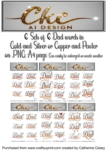 Dad word - 6 sets of 6 Dad words in Gold and Silver or Copper and Pewter