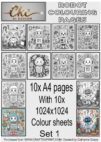 Robot Colouring Pages for Kids - 10 x A4 Pages + 10x Colour Pages - Set 1 of 4