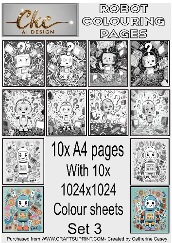 Robot Colouring Pages for Kids - 10 x A4 Pages + 10x Colour Pages - Set 3 of 4