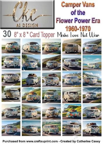 30 x 8x8 Card Fronts or Toppers of 1960s Camper Vans from the Flower Power Era set 1