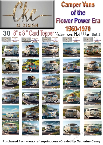 30 x 8x8 Card Fronts or Toppers of 1960s Camper Vans from the Flower Power Era set 2