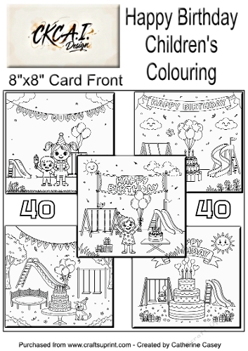 40 x 8x8 Card Fronts or Toppers of Childrens colouring pages for Happy Birthday Set 1