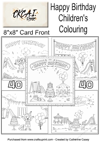 40 x 8x8 Card Fronts or Toppers of Childrens colouring pages for Happy Birthday Set 2
