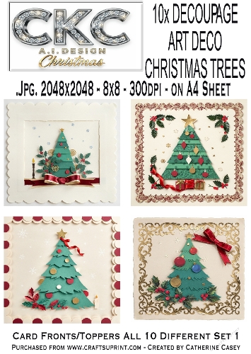 10 Decoupage Art Deco Christmas Trees – Elegant Festive Collection - Set 1