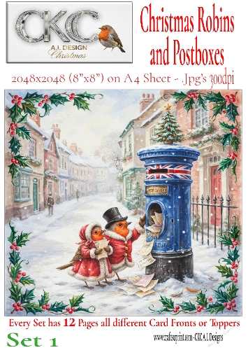 12 Christmas Robins and Postboxes – Festive Card Fronts & Toppers - Set 1