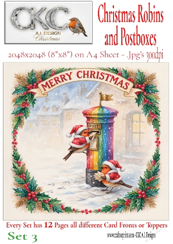 12 Christmas Robins and Postboxes – Festive Card Fronts & Toppers - Set 3