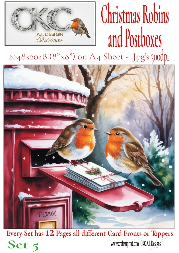 12 Christmas Robins and Postboxes – Festive Card Fronts & Toppers - Set 5